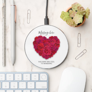 Red Rose Heart Romantic Floral Custom Text Wireless Charger