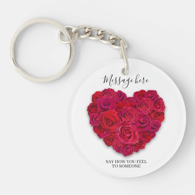 Red Rose Heart Romantic Minimalist Custom Text Keychain (Front)