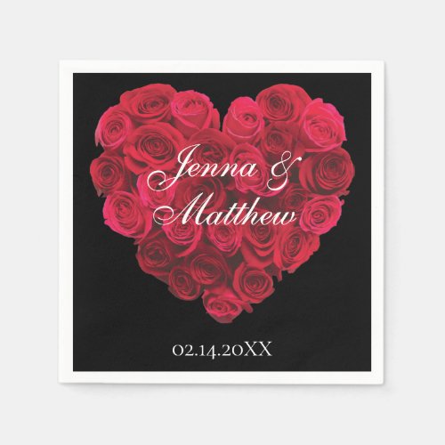 Red Rose Heart Valentines Day Party Napkins