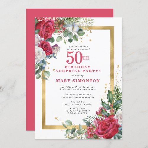 Red Rose Holly 50th Birthday Surprise Party Invitation