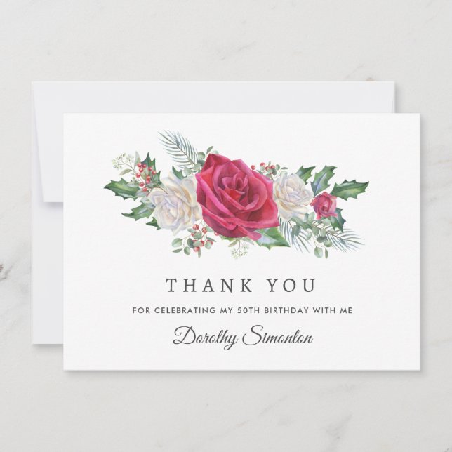 Red Rose Holly Winter 50th Birthday Flat Thank You Card (Front)