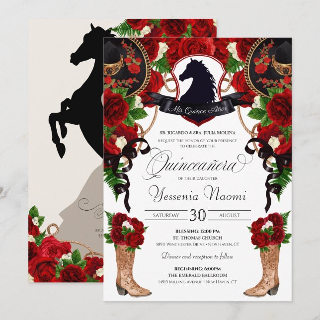 Red Rose Horse Crest Charro Western Elegant Quince Invitation (Front/Back)