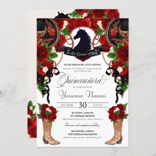 Red Rose Horse Crest Charro Western Elegant Quince Invitation