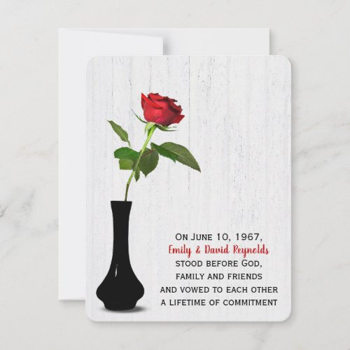 Red Rose In Black Vase On Whitewashed Wood Invitation