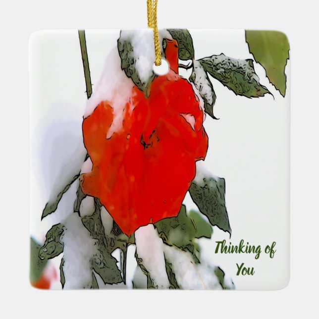 Red Rose in Snow Ceramic Ornament (Front)