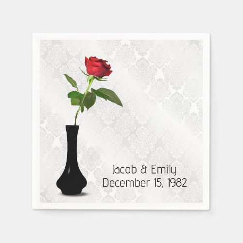 Red Rose In Vase On White Damask Napkins