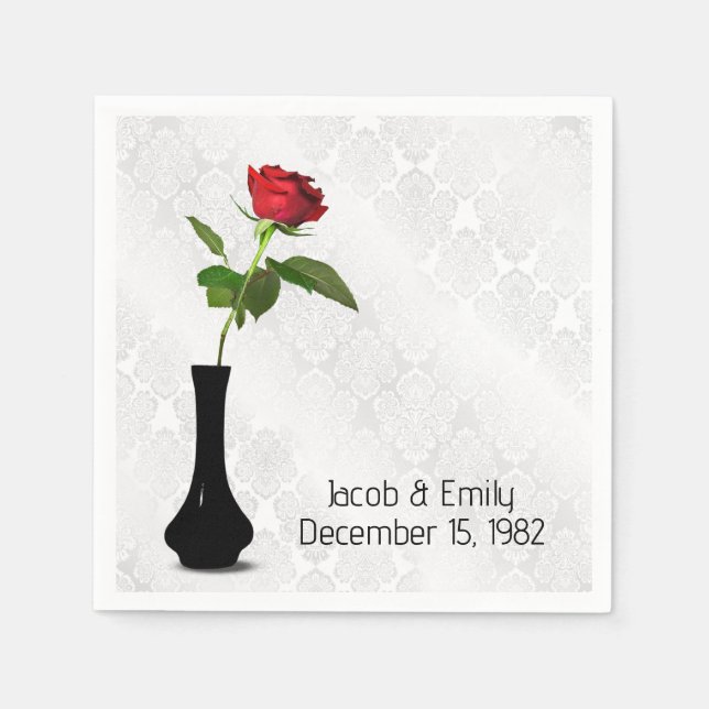 Red Rose In Vase On White Damask Napkins (Front)