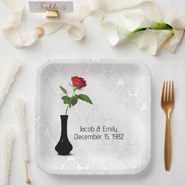 Red Rose In Vase On White Damask Paper Plates (Wedding)