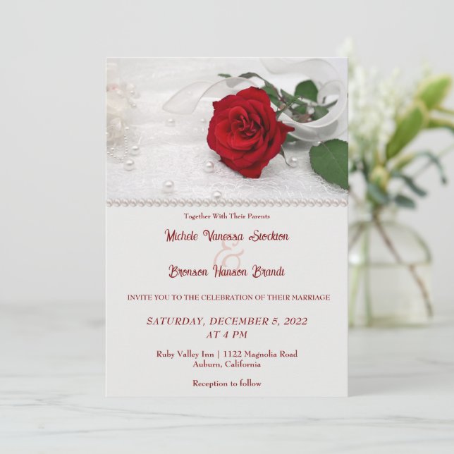Red Rose & Lace Wedding Invitation (Standing Front)