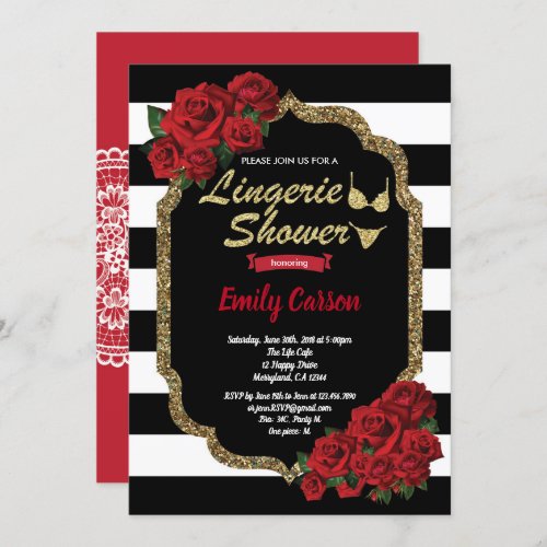 Red rose lingerie shower black and gold invitation