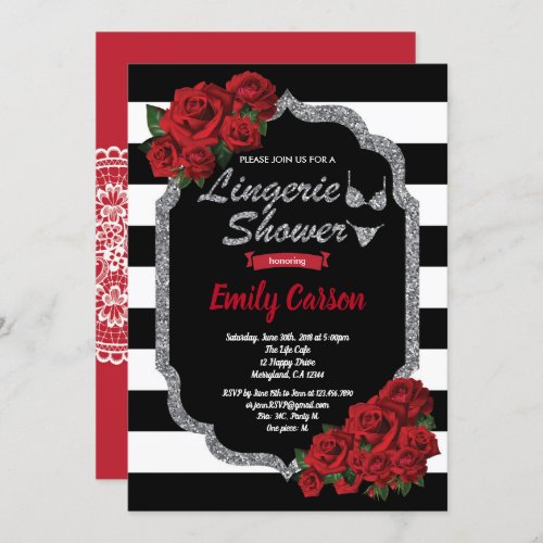 Red rose lingerie shower black and silver invitation
