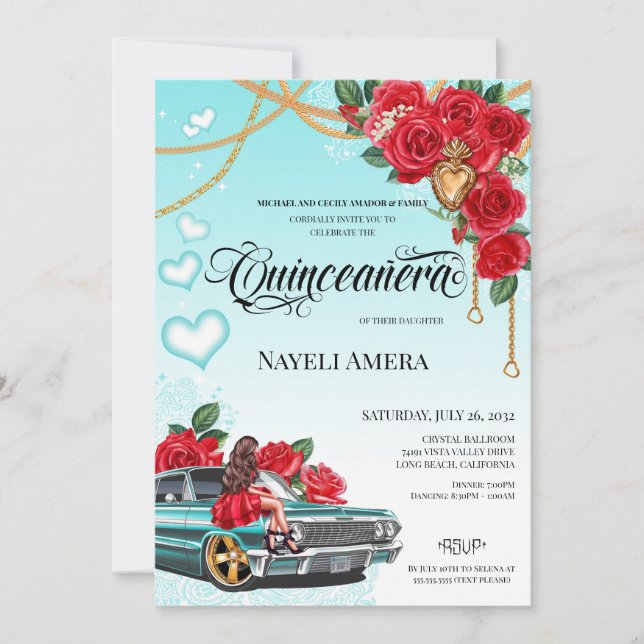 Red Rose Lowrider Chola Chicano Quinceanera Invitation (Front)