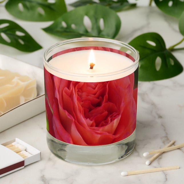 Red Rose Macro Photography – Romantic Floral Close Scented Candle (Lit)