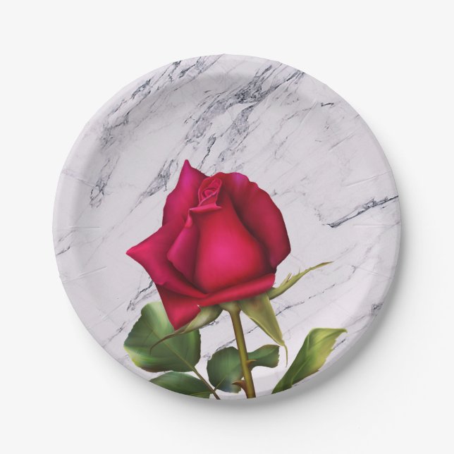 Red Rose Marble Modern Glam Bridal Shower Party Paper Plates (Front)