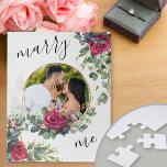 Red Rose Marry Me Script Proposal Photo Jigsaw Puzzle<br><div class="desc">Marriage Proposal prop in the form of a jigsaw puzzle with romantic photo set in a double gold ring frame. The design features beautiful red roses and eucalyptus leaves and is lettered with "marry me" in elegant script typography. Perfect prop and keepsake for your marriage proposal and engagement announcement. The...</div>