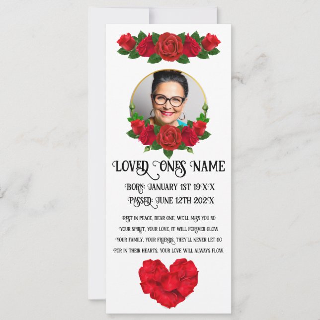 Red Rose Memorial/Funeral Flat Card (Front)