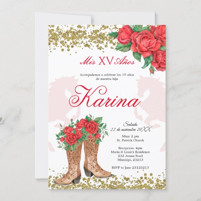 Red Rose Mexican Charra 15 Quinceanera Invitation (Front)