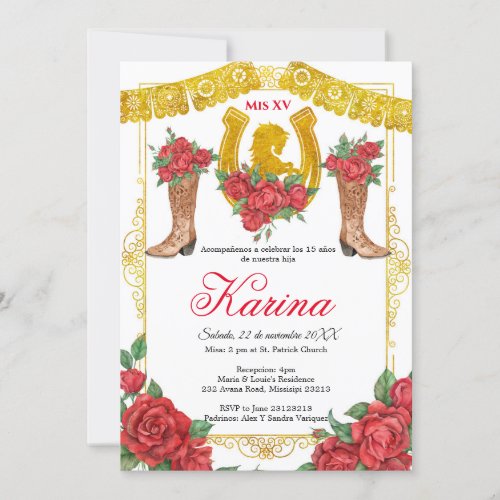 Red Rose Mexican Charra 15 Quinceanera Invitation