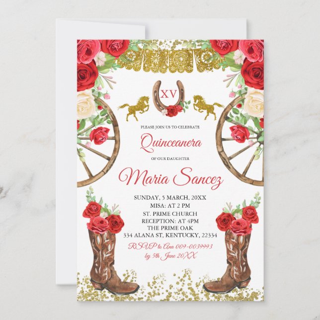Red Rose Mexican Charra Quinceañera Invitation (Front)