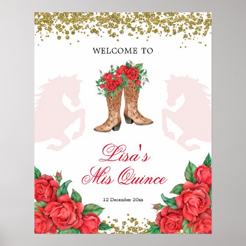 Red Rose Mexican Mis Quince Welcome Sign