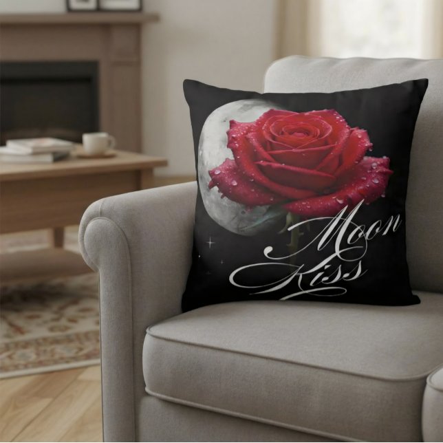 Red Rose Moon Kiss Celestial  Throw Pillow (Creator Uploaded)