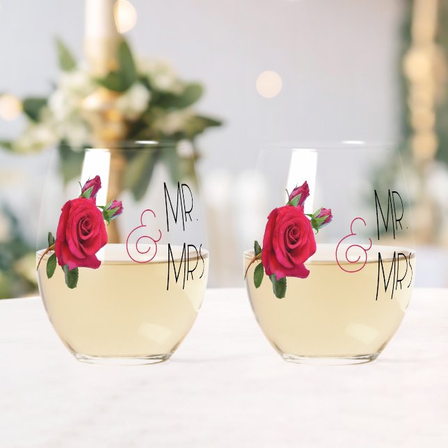 Red Rose Mr. and Mrs. Wedding Glassware Stemless Wine Glass (Insitu (Wedding))
