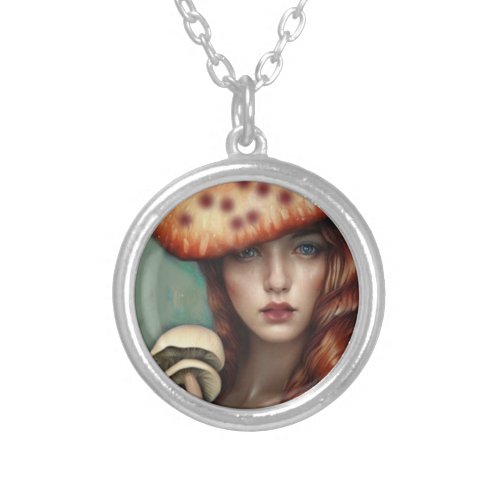 red rose mushroom lover artist designer silver plated necklace