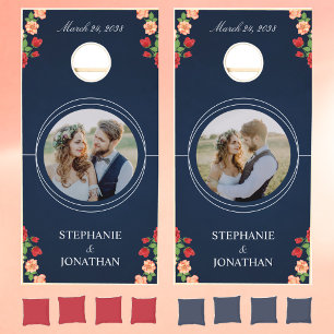 Red Rose Navy Blue Elegant Floral 2 Photo Wedding Cornhole Set