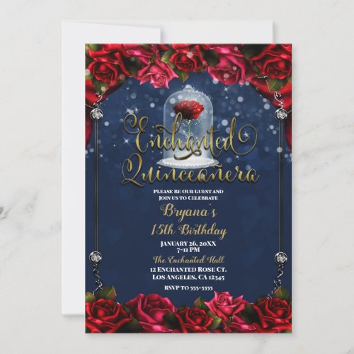 Red Rose Navy Blue Gold Enchanted Quinceaera 15 Invitation