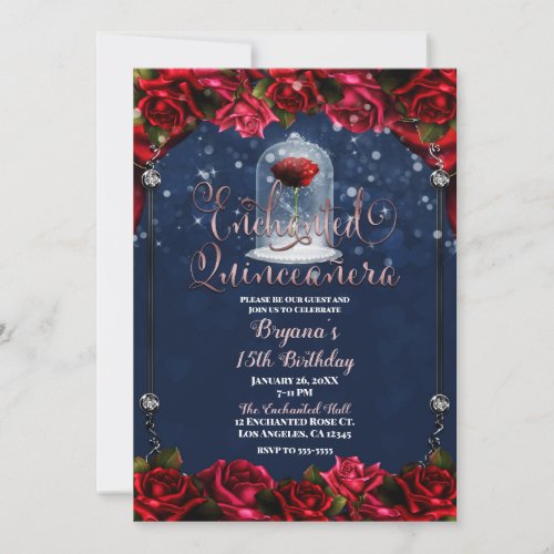 Red Rose Navy Blue Gold Quinceaera 15 15th Party  Invitation