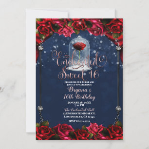 Red Rose Navy Blue & Gold Sweet 16 16th Party Invitation
