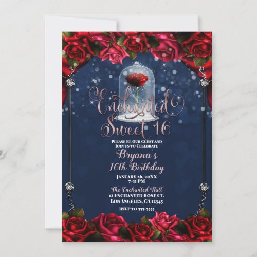 Red Rose Navy Blue  Gold Sweet 16 16th Party Invitation