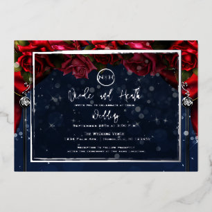 Red Rose Navy Blue Sparkle Glam Wedding Silver Foil Invitation