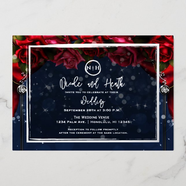 Red Rose Navy Blue Sparkle Glam Wedding Silver  Foil Invitation (Front)
