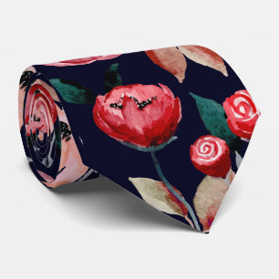 Red Rose Navy Blue Watercolor Floral Pattern Neck Tie