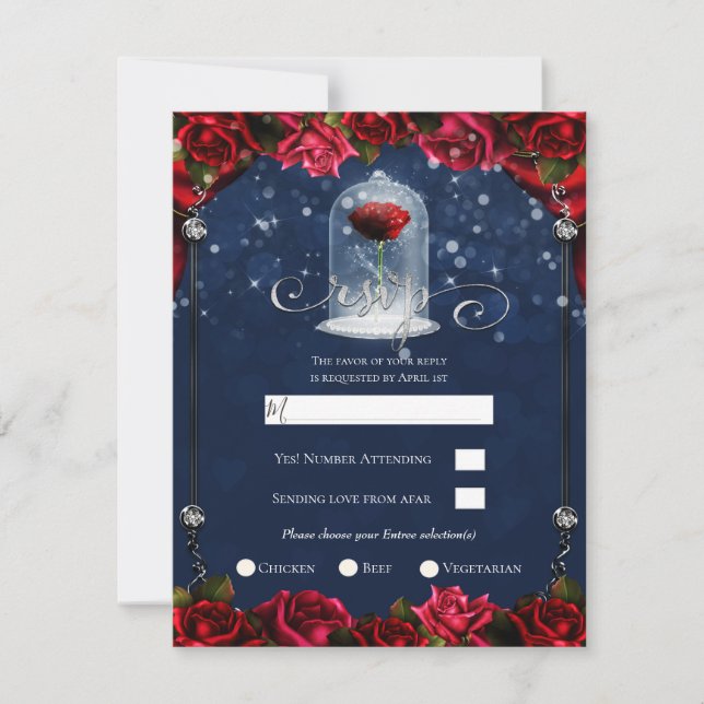 Red Rose Navy Blue White Gold Silver Party RSVP  Invitation (Front)