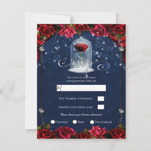 Red Rose Navy Blue White Gold Silver Party RSVP  Invitation