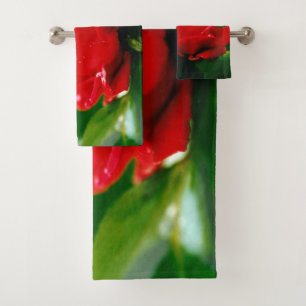 Red Rose of passion covered with dew drops Bath Towel Set