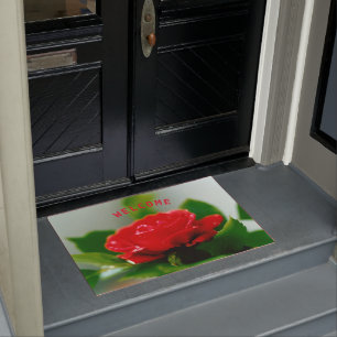 Red Rose of passion covered with dew drops Welcome Doormat