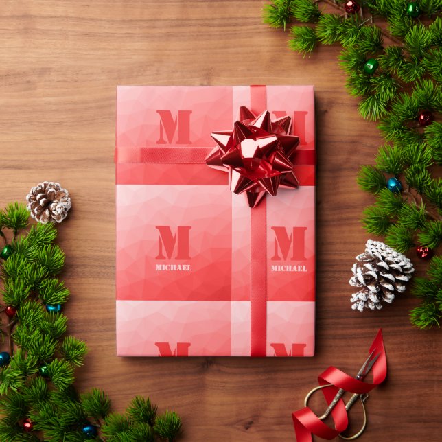 Red rose ombre geometric mesh pattern Monogram Wrapping Paper (Holiday Gift)