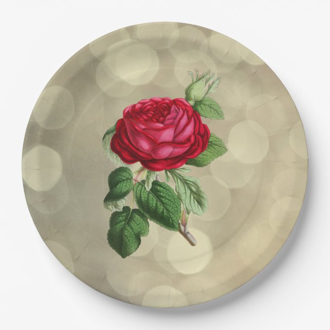 Red Rose on a Golden Bokeh Lights Background Paper Plates (Front)