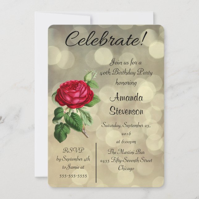 Red Rose on a Golden Bokeh Lights Birthday Invitation (Front)