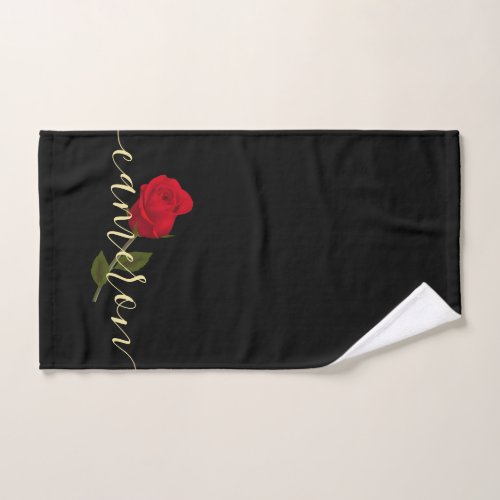 Red Rose On Black And Gold Monogramed Bath Towel Set