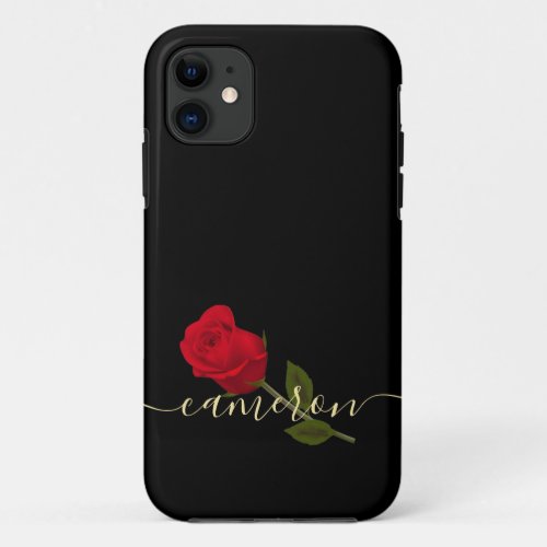 Red Rose On Black And Gold Monogramed iPhone 11 Case