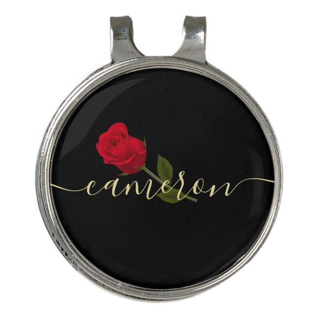 Red Rose On Black And Gold Monogramed Golf Hat Clip (Front)