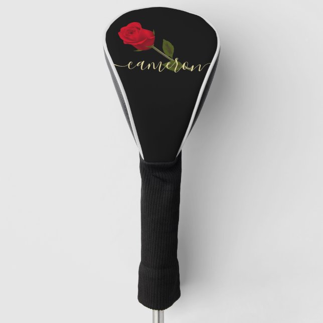Red Rose On Black And Gold Monogramed Golf Head Cover (Front)