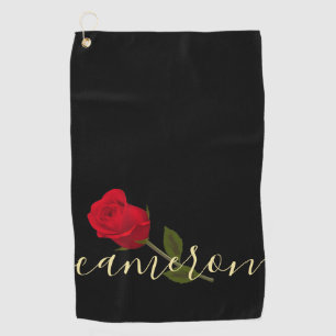 Red Rose On Black And Gold Monogramed  Golf Towel