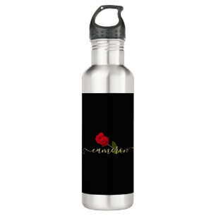 Red Rose On Black And Gold Monogramed Stainless Steel Water Bottle