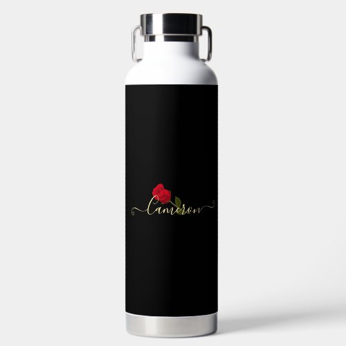 Red Rose On Black And Gold Monogramed Water Bottle