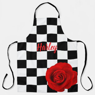 Red Rose on Black and White Checkered Background Apron